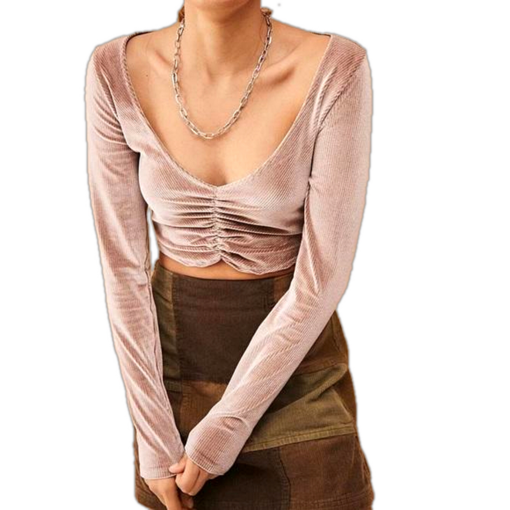 URBAN OUTFITTERS Paradox Ruched Cropped Top Mauve Velvet Long Sleeve Large - Picture 1 of 10